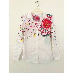 Desigual Graphic Paint Splatter Button Down Shirt Embroidered Women's Size Small